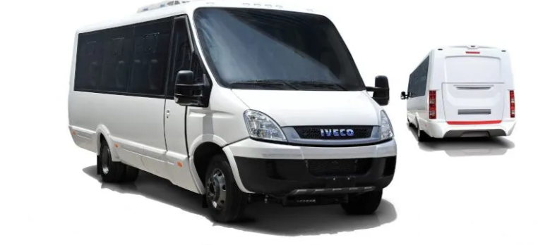 Furgoneta de pasajeros IVECO blanca y gris, vista frontal y trasera sobre un fondo blanco.
