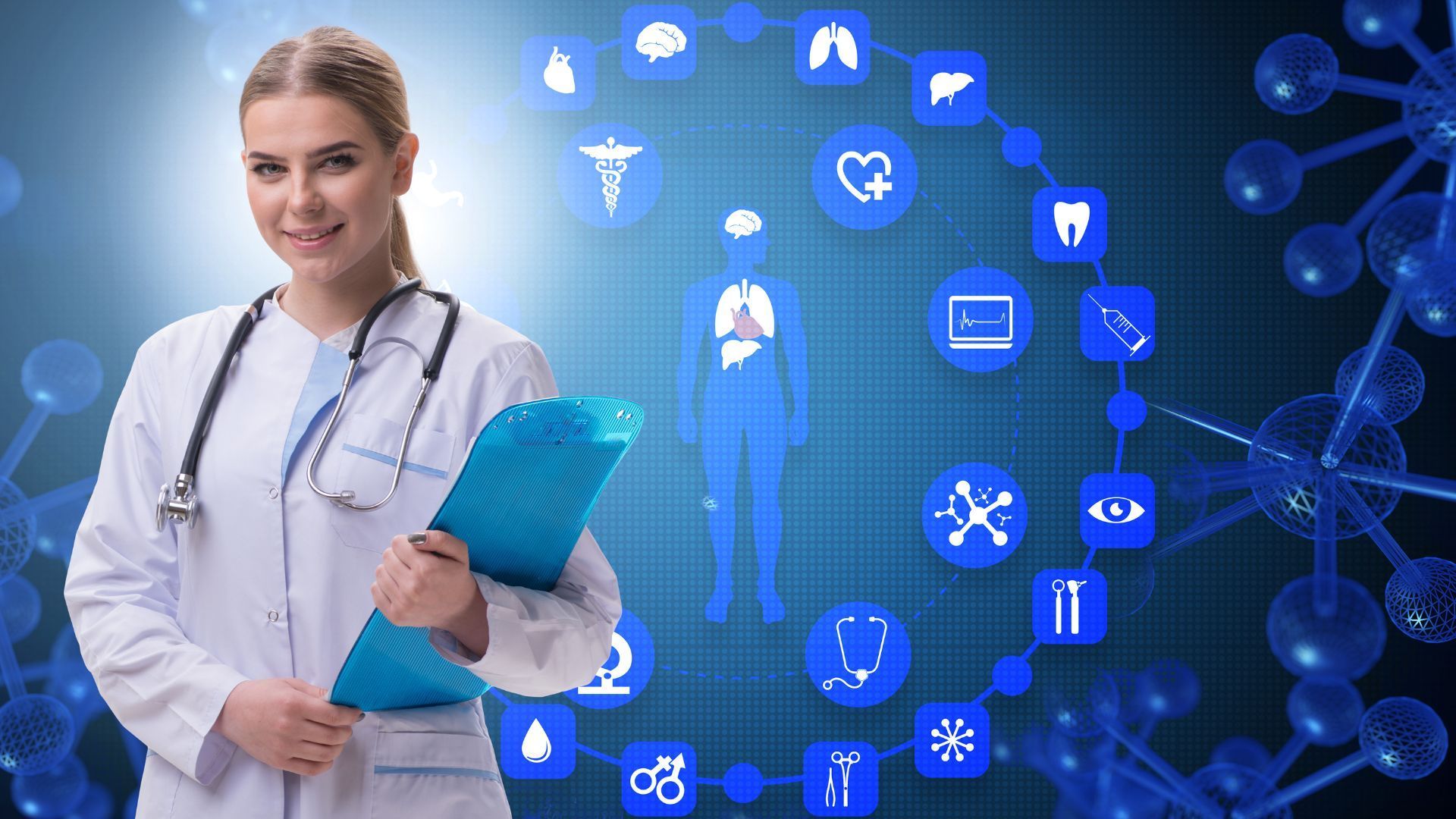 A woman in a white coat holding a folder with medical icons.