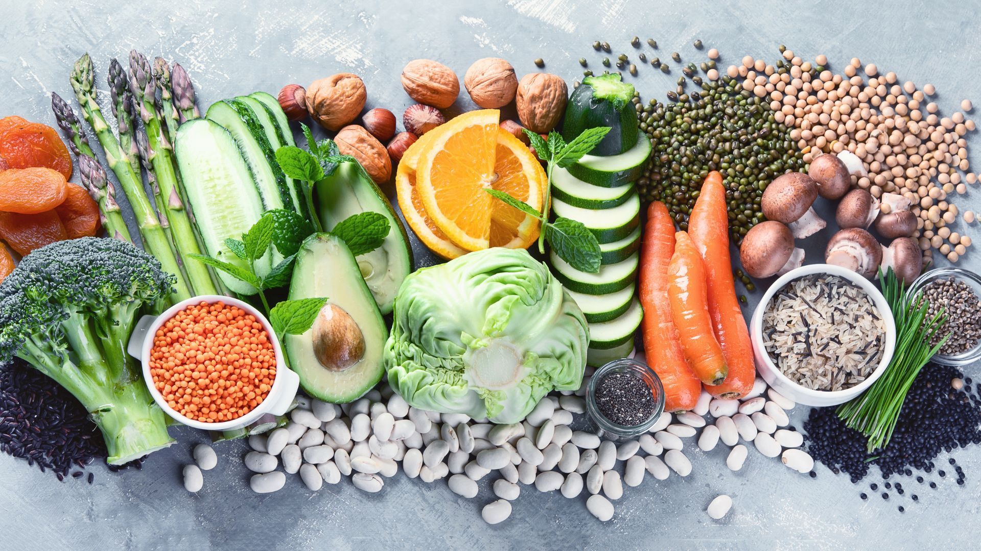 A colorful assortment of fresh produce displayed in bowls.
