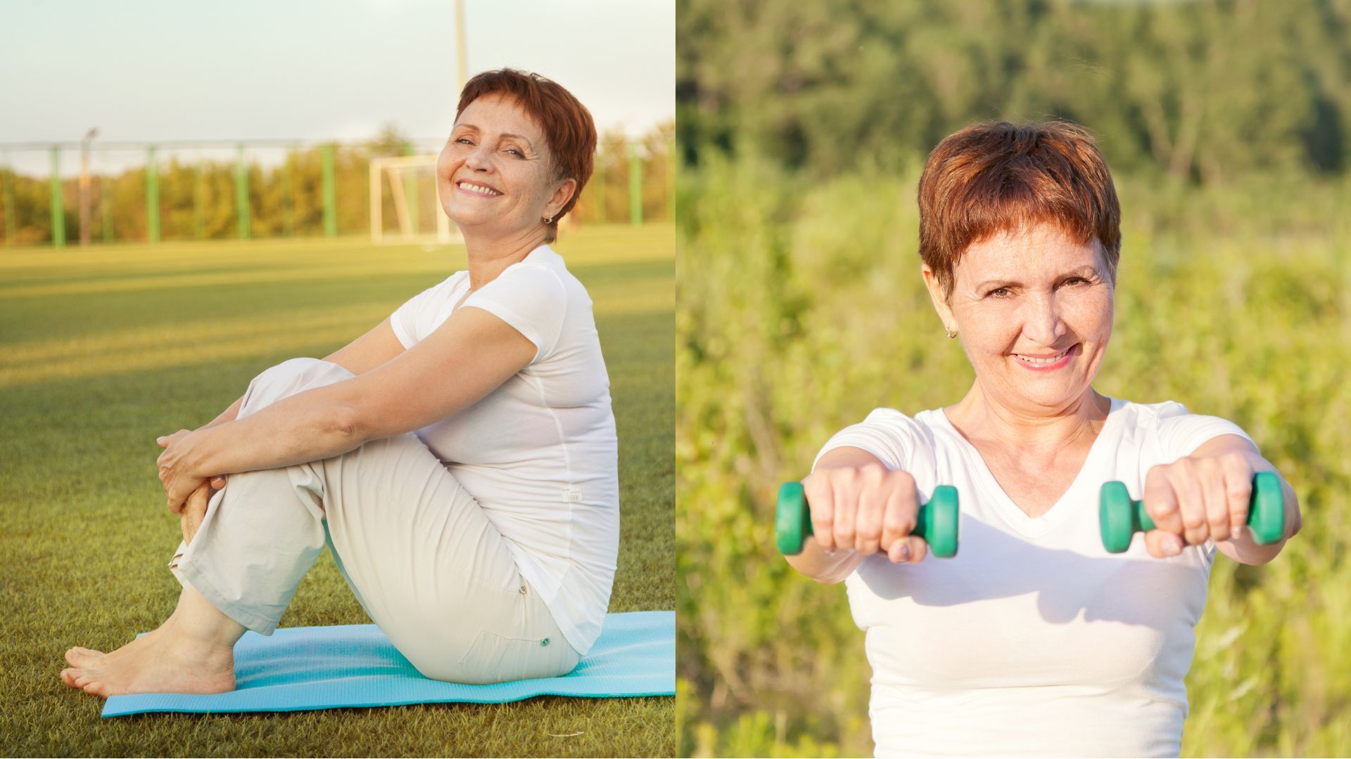 Two images of a senior woman lifting dumbbells during her workout routine.