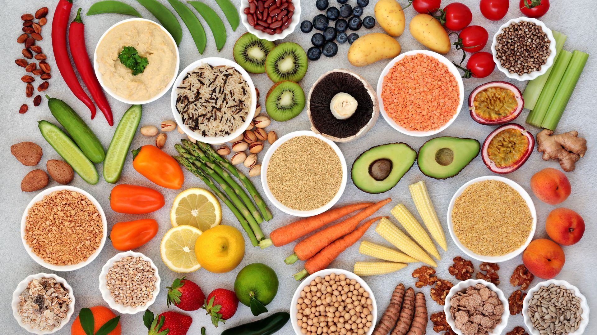 A selection of assorted foods displayed in bowls.