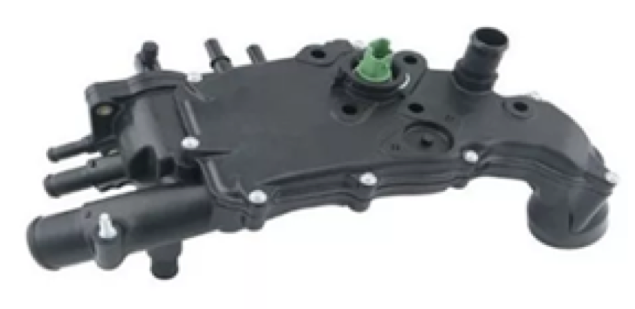 Componente de refrigeración del motor del automóvil de plástico negro con elemento verde.