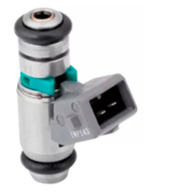 Inyector de combustible con conector eléctrico gris y clip de plástico verde.
