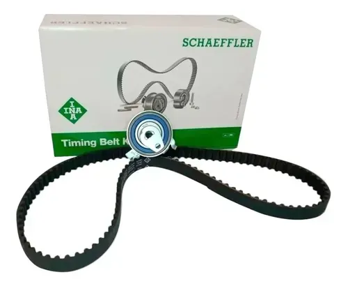 Kit de correa de distribución de Schaeffler, compuesto por correa negra, tensor y caja con marca y logotipo.
