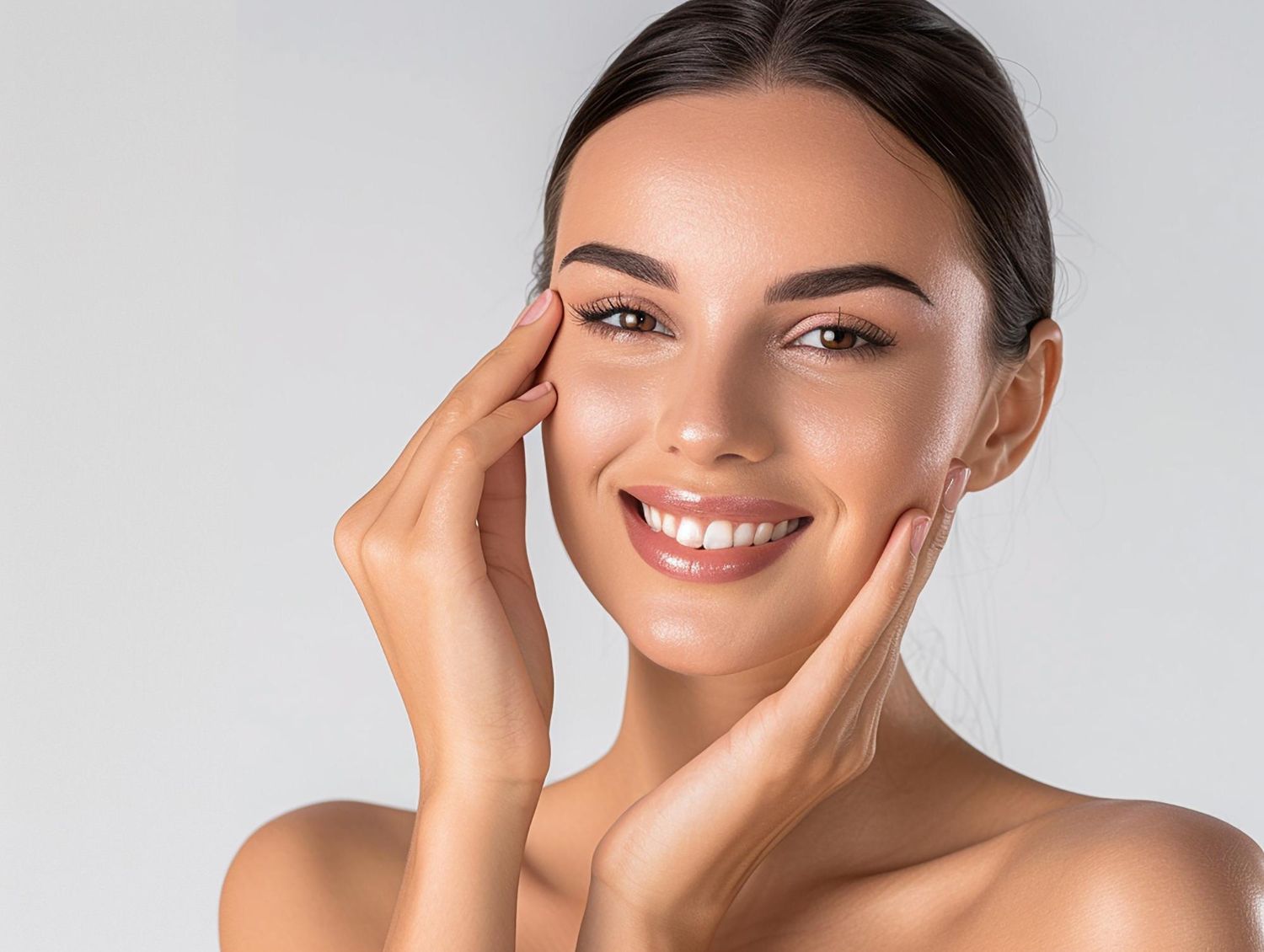 Smiling woman gently touching her face against a light gray background