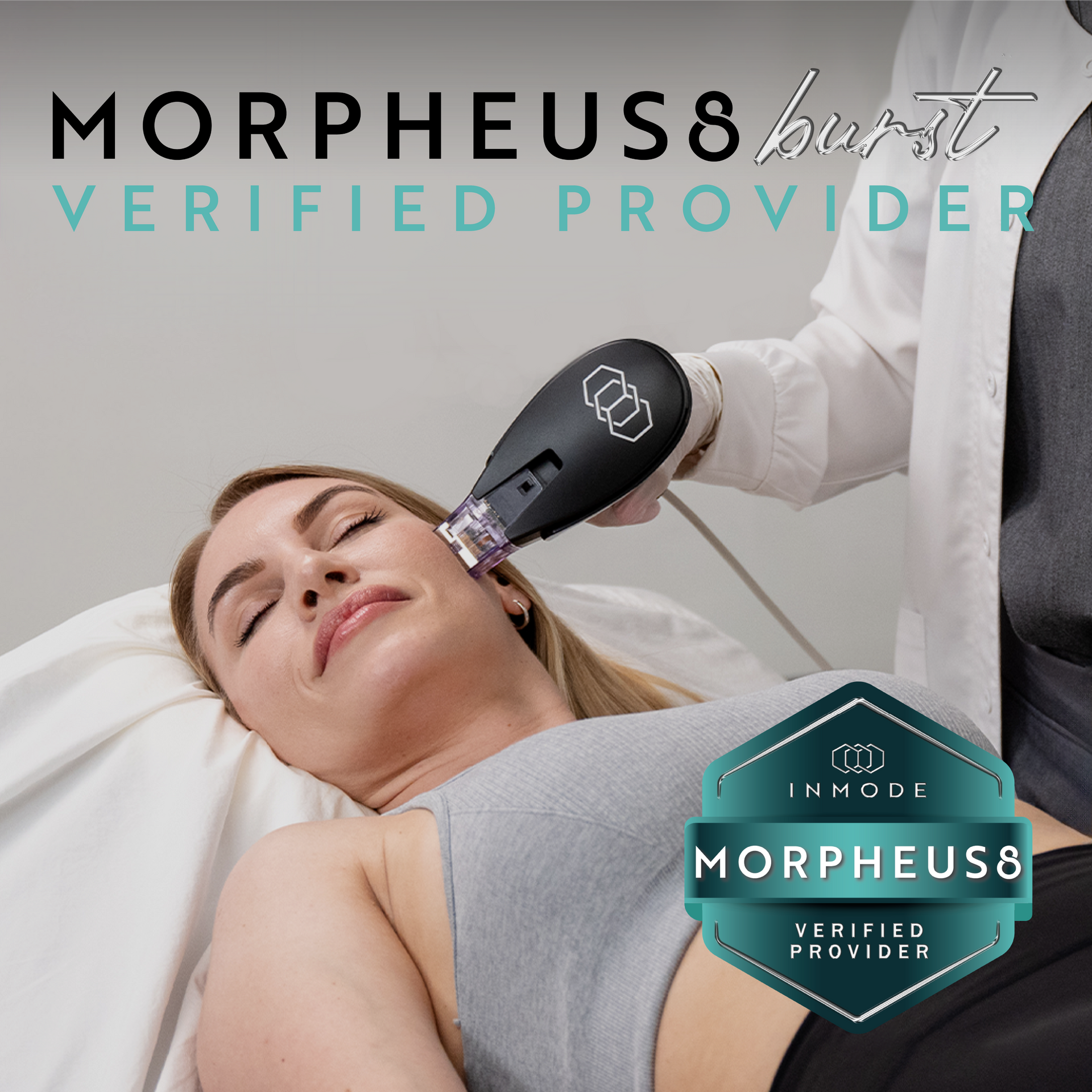 Morpheus8 InMode treatment on a woman’s face; verified provider promotional graphic.