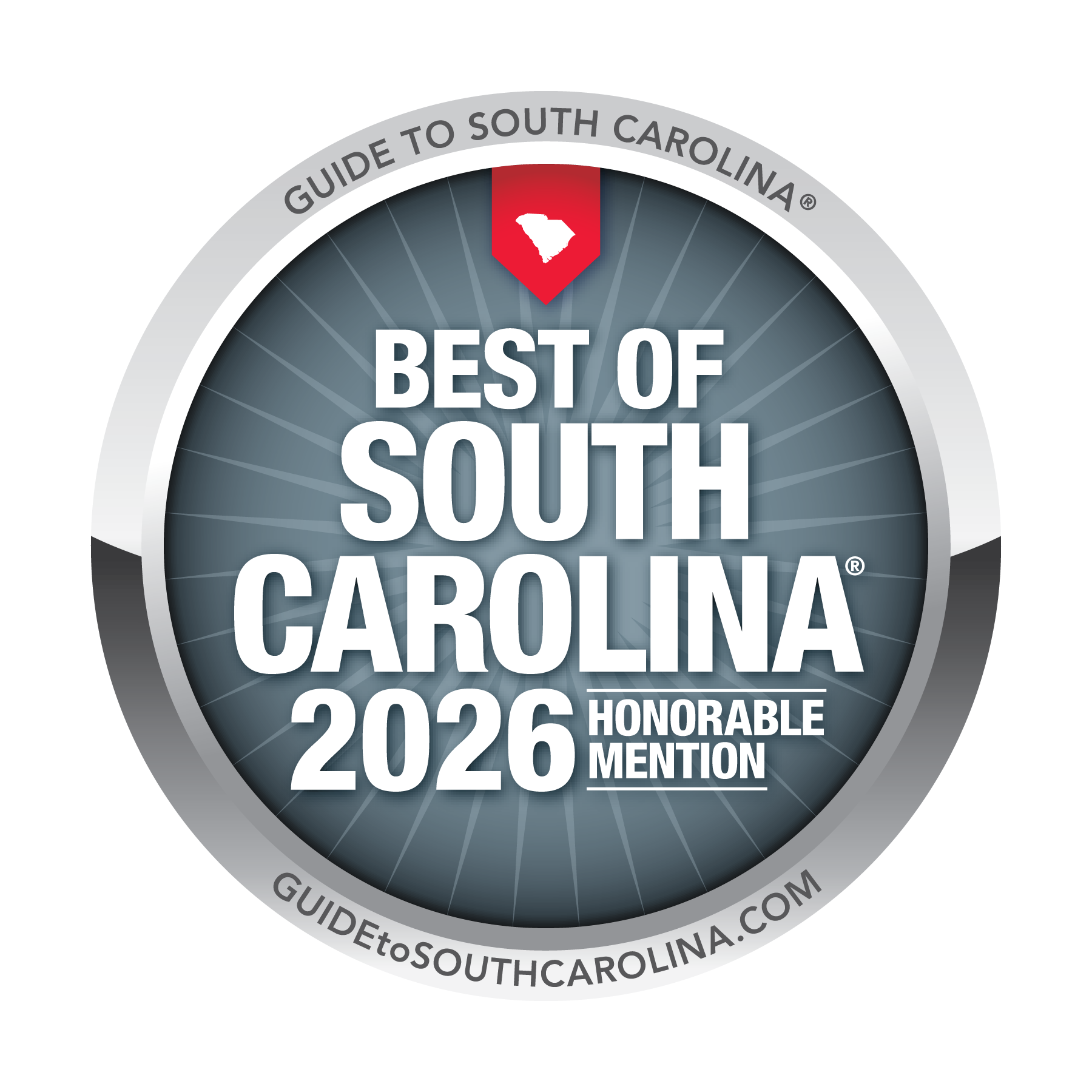 Best of South Carolina 2026 Honorable Mention circular badge with gray, red, and white text