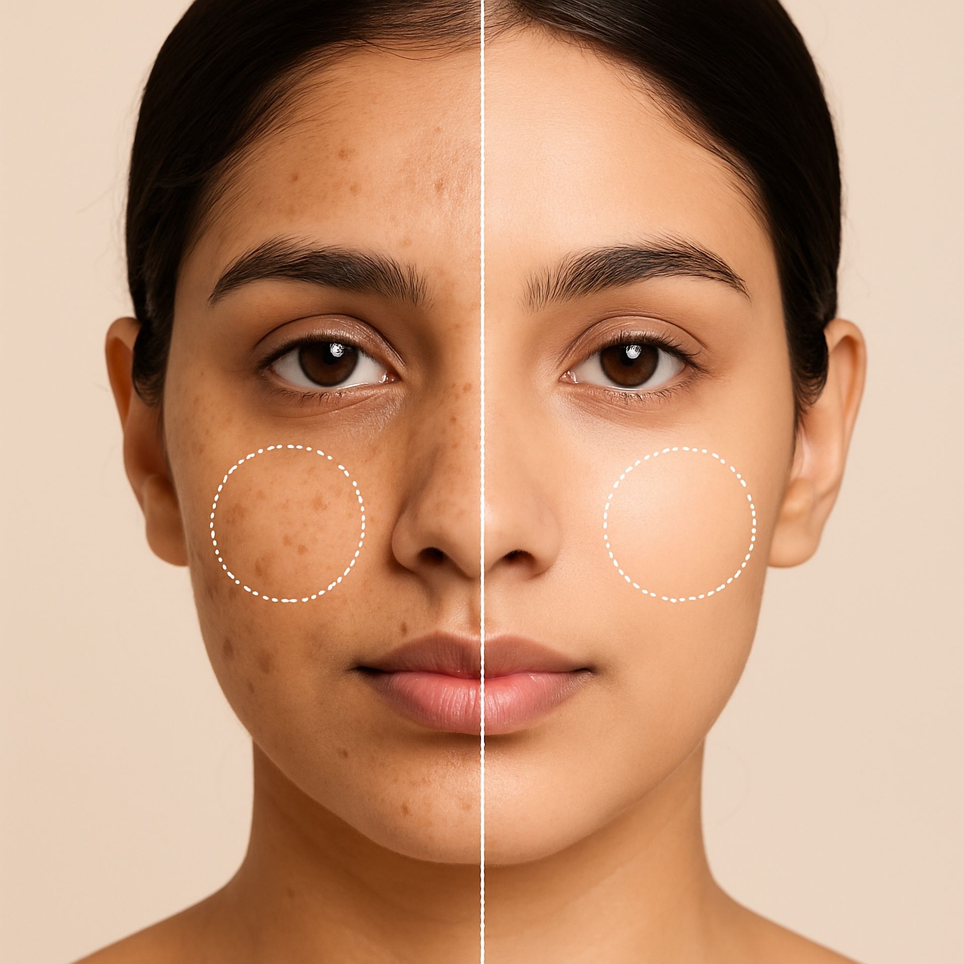 Split-face portrait showing skin before and after treatment, with dotted circles on both cheeks.