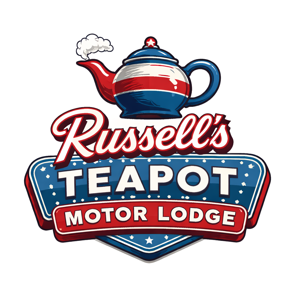 Russell’s Teapot Motor Lodge logo with a red, white, and blue teapot sign