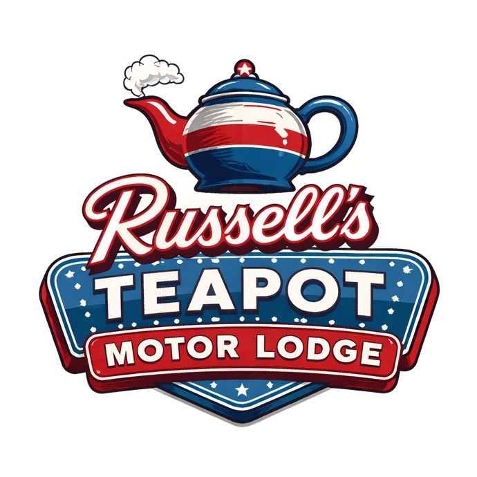 Russell’s Teapot Motor Lodge logo with a red, white, and blue teapot emblem