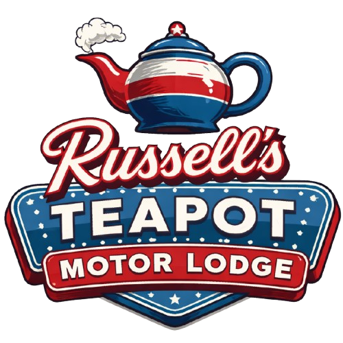 Russell’s Teapot Motor Lodge logo with a red, white, and blue teapot and retro sign style