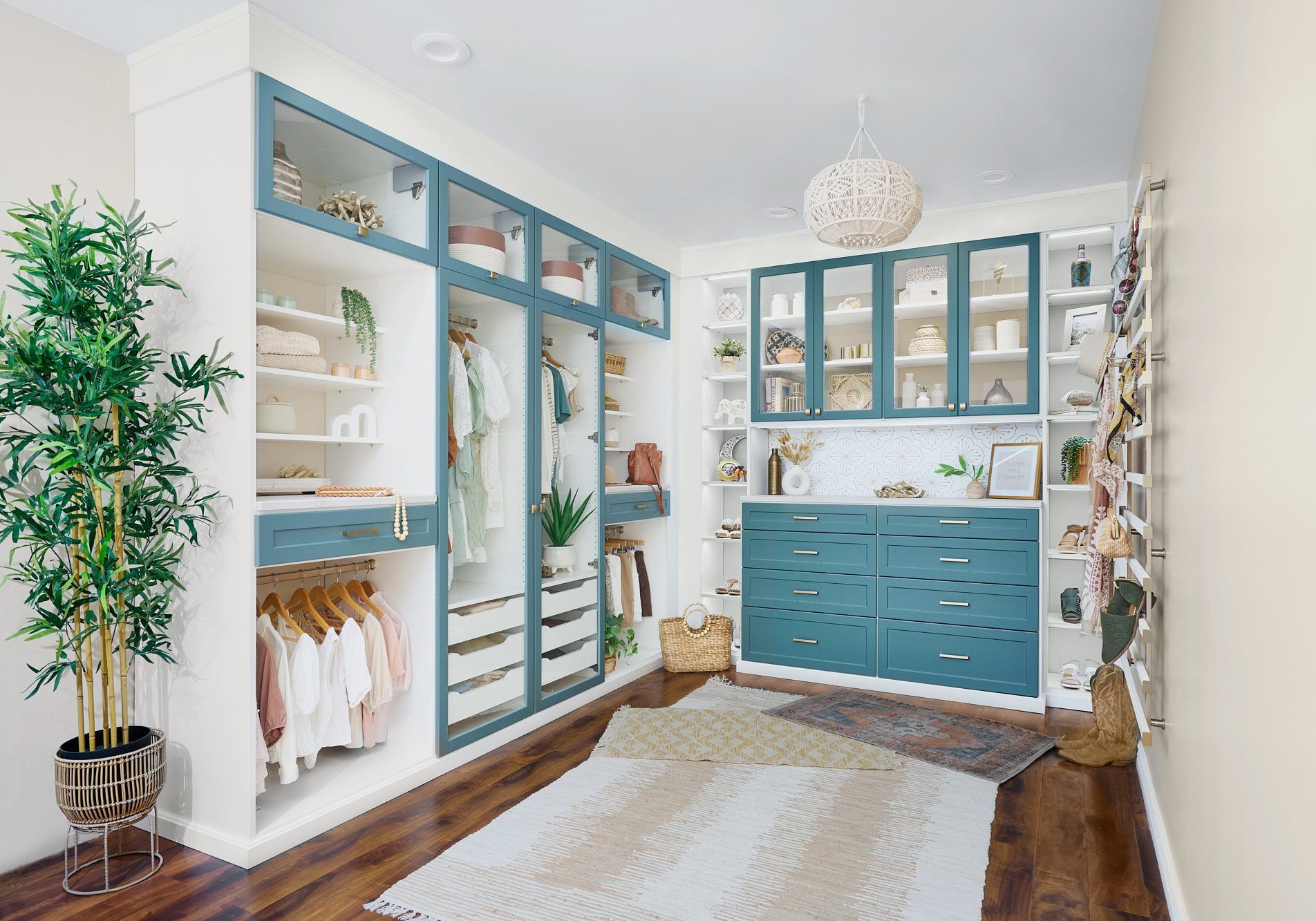 Walk-in closet with teal cabinets, glass doors, and organized shelves. A rug and a tall plant add warmth.
