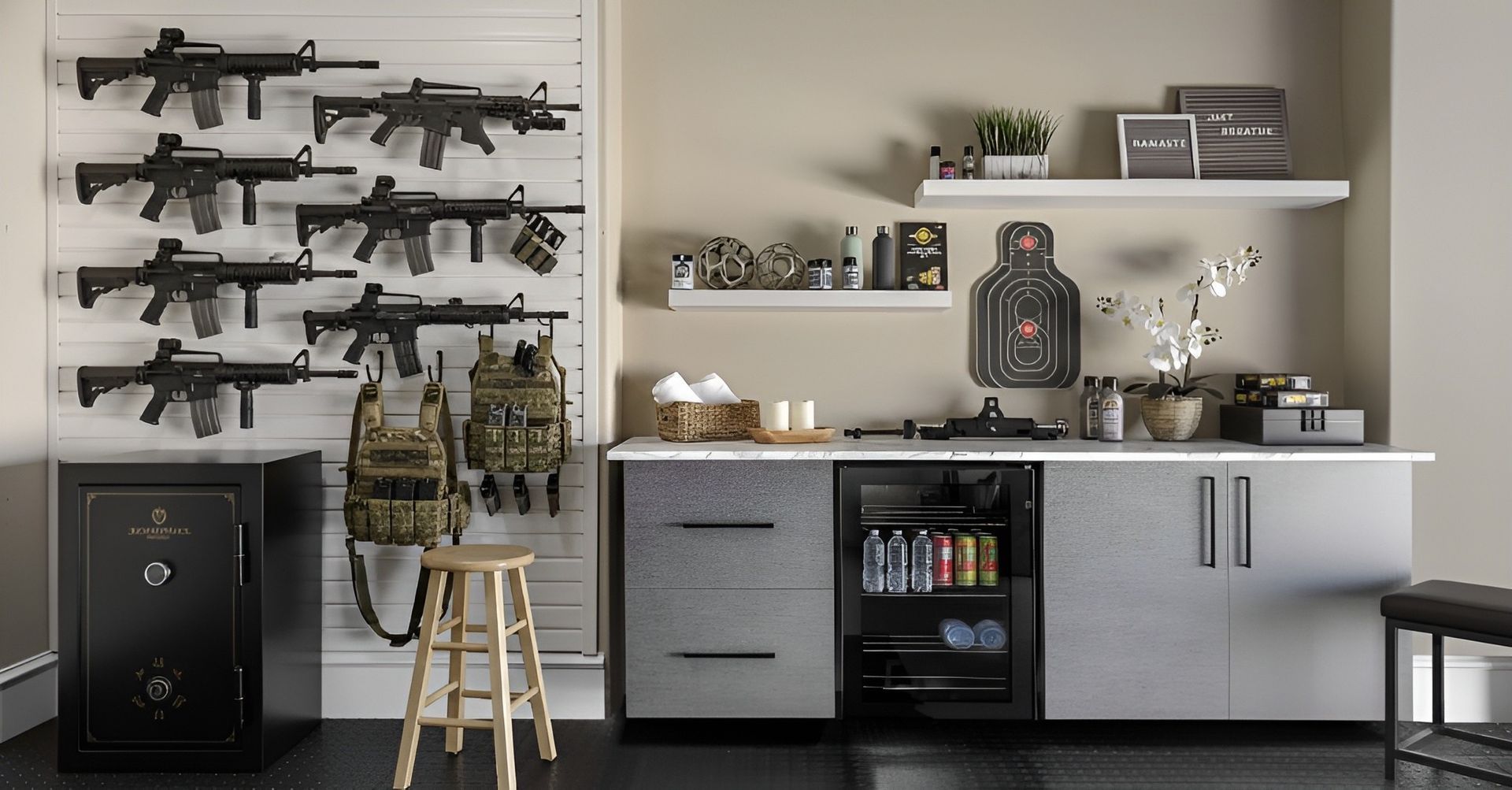 Guns and tactical gear displayed on a wall. A refrigerator and safe are in the room. A stool sits nearby.
