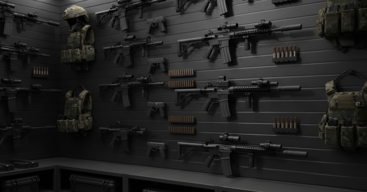 Dim gun shop wall with rifles, handguns, tactical gear, and backpacks displayed on dark slatwall.