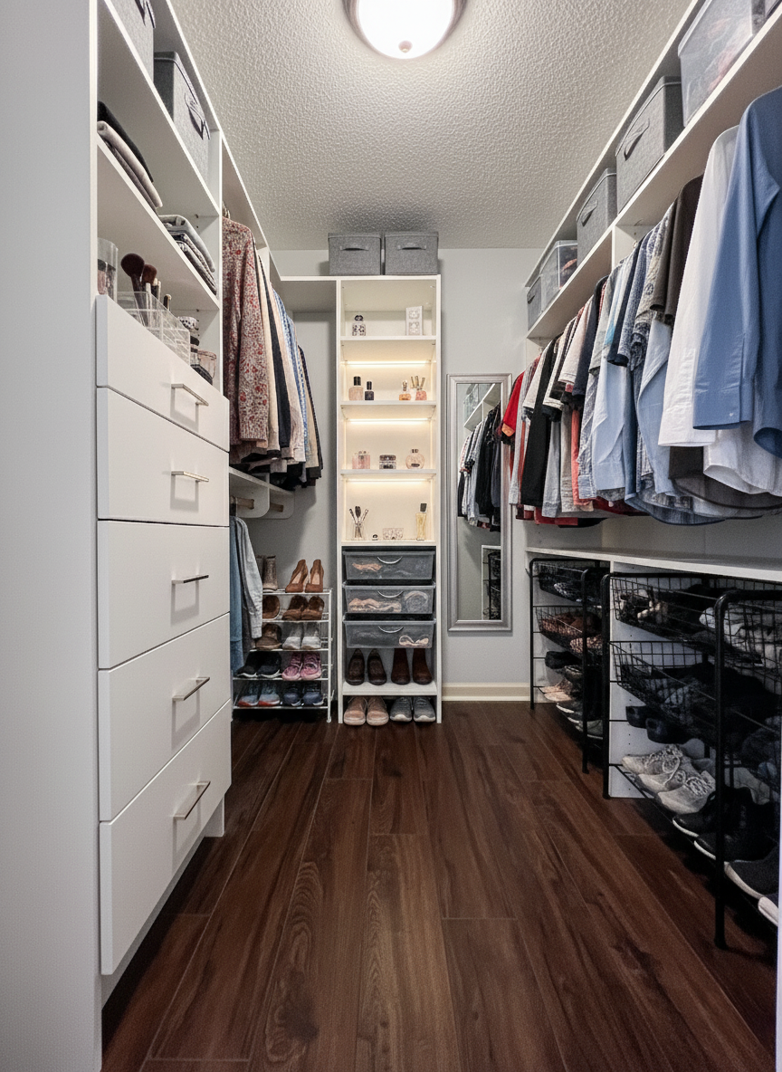 A walk-in closet with white shelving, dark wood floor, and clothing organized on both sides.