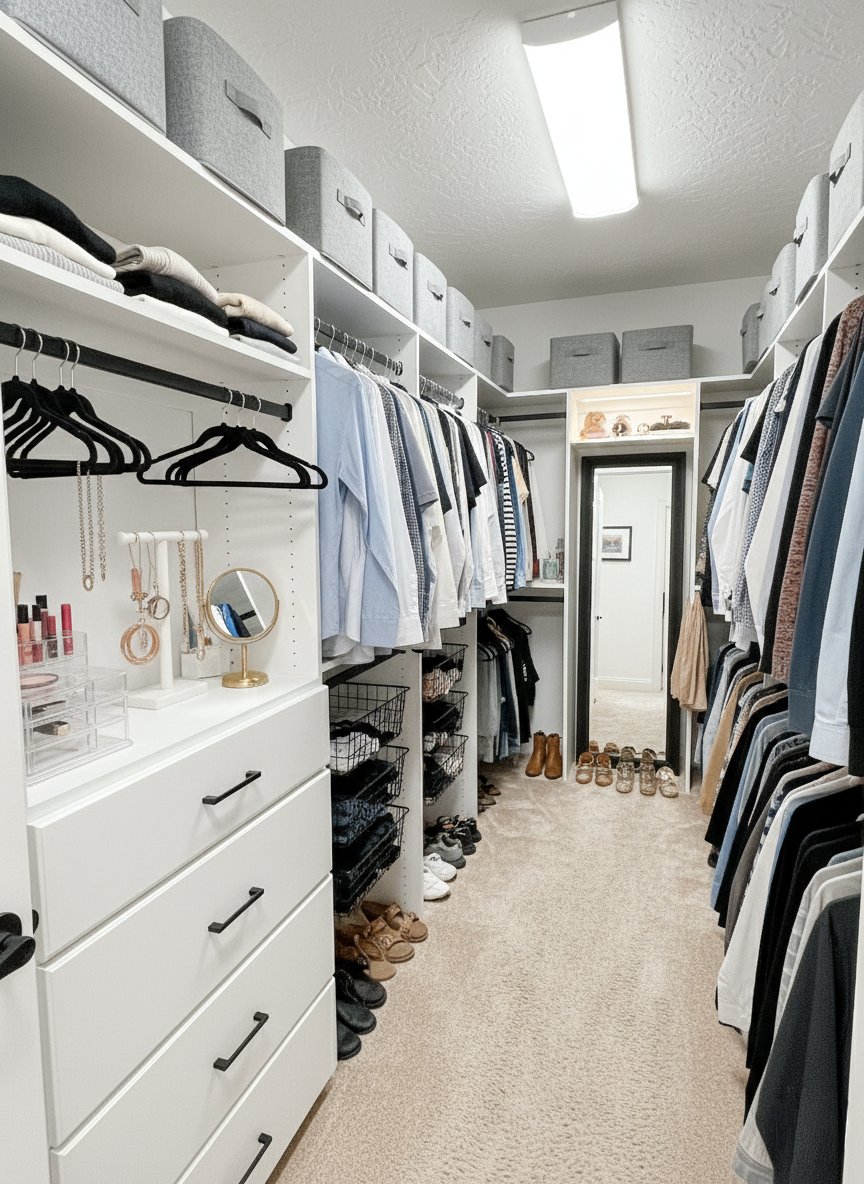 Walk-in closet with organized clothes, drawers, and shelves. Light-colored walls and carpet.