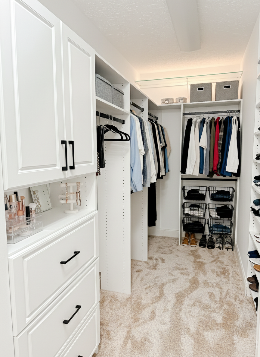 White walk-in closet with built-in cabinetry, hanging clothes, drawers, and carpeted floor.