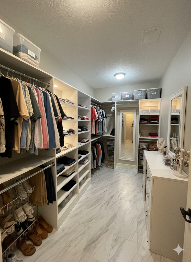 Walk-in closet with white shelves holding clothes and accessories, marble-look floor.