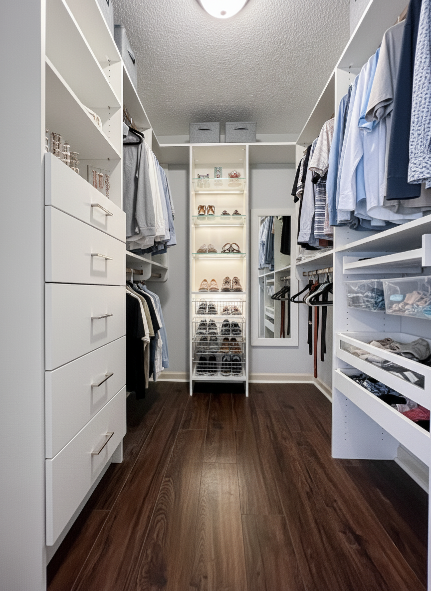 Narrow walk-in closet with white shelving, drawers, hanging clothes, and a shoe rack on dark wood floors.