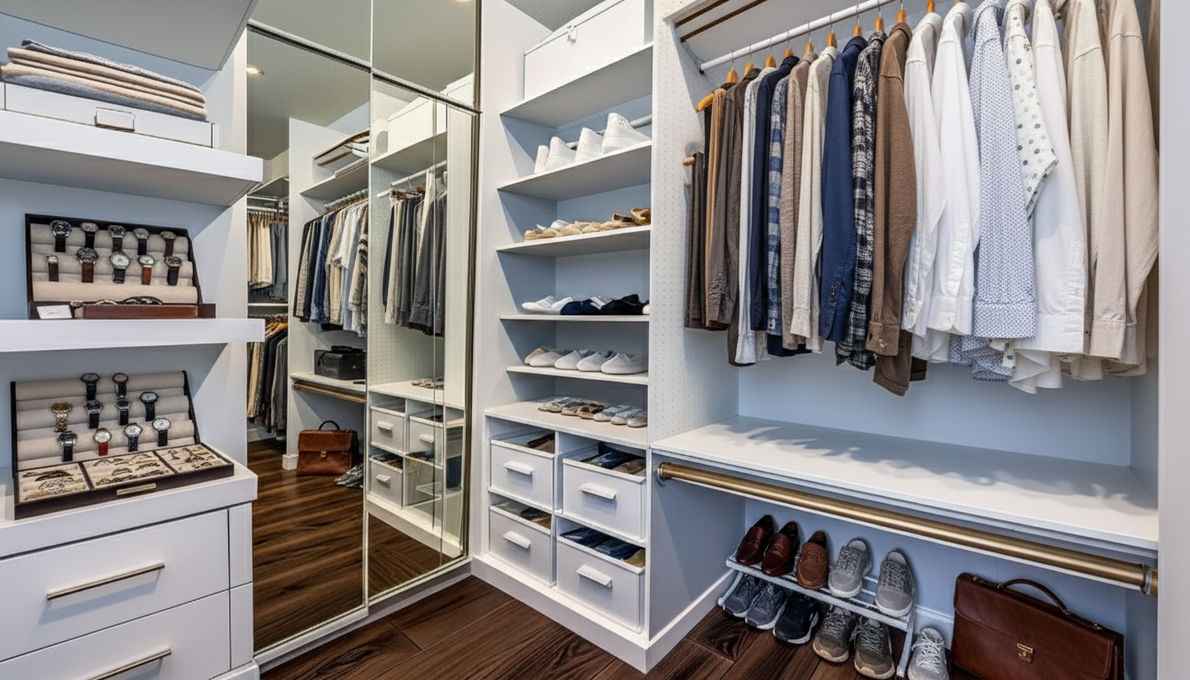 Walk-in closet with white shelves, drawers, hanging clothes, shoes, and mirrors. Dark wood floor.