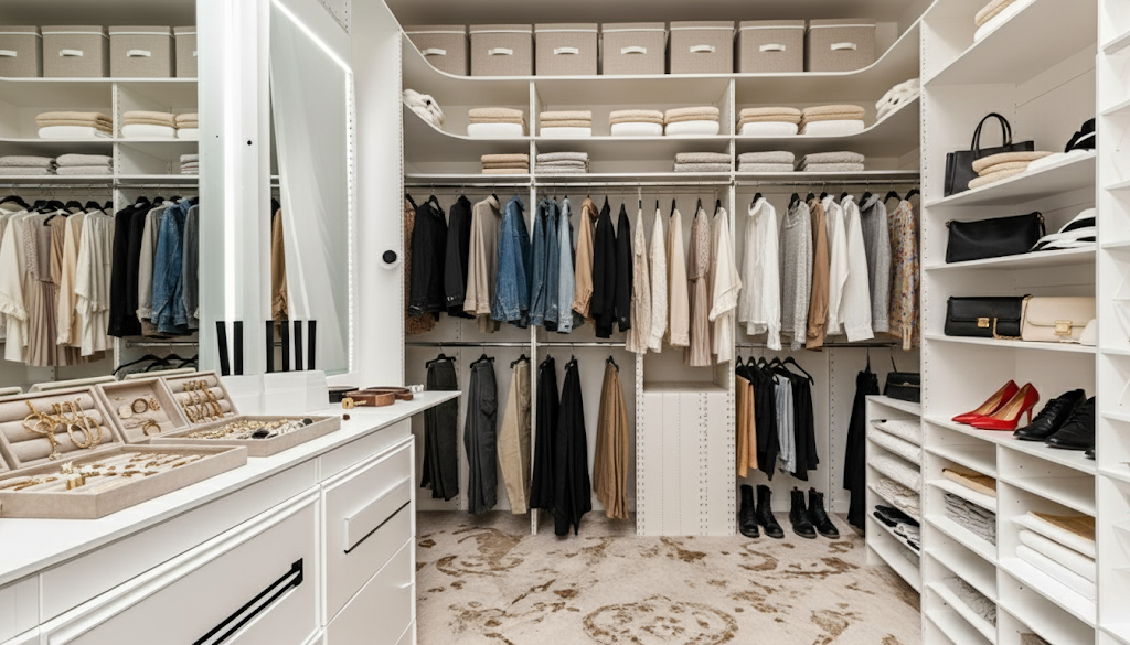 Elegant white walk-in closet with clothes hanging, built-in shelves, vanity, and patterned floor.