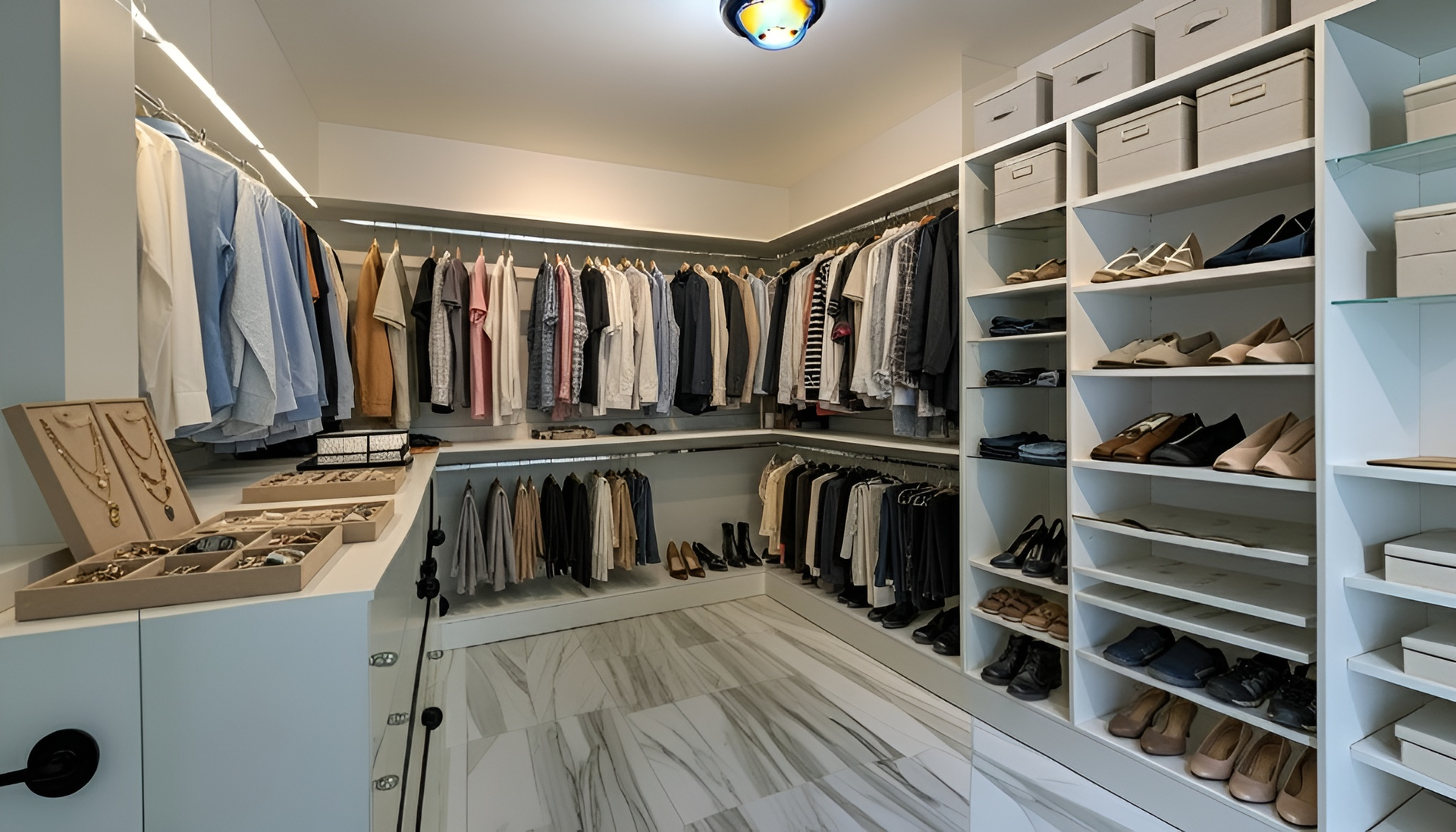 Walk-in closet with white shelving, clothes hanging, shoes on shelves, and patterned floor.