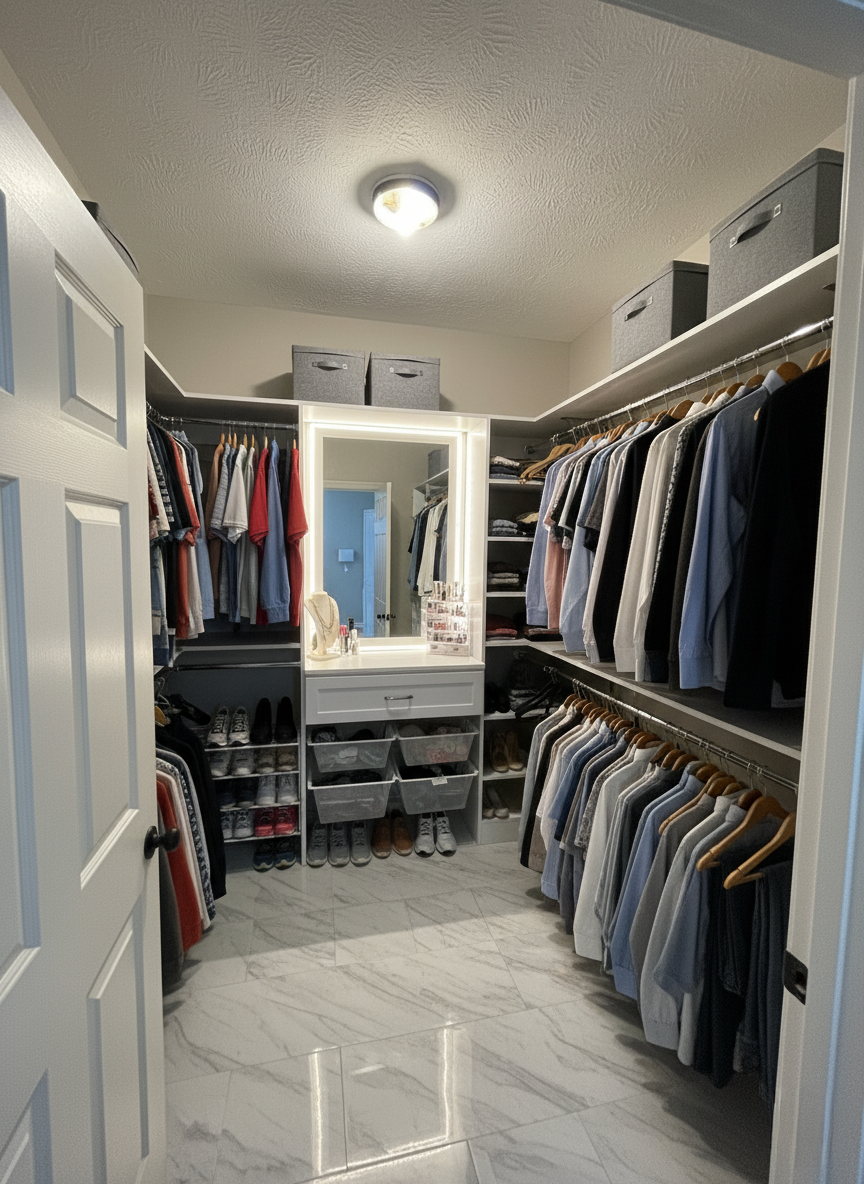 Walk-in closet with clothes racks on each side, center vanity with lighted mirror, and gray storage bins.