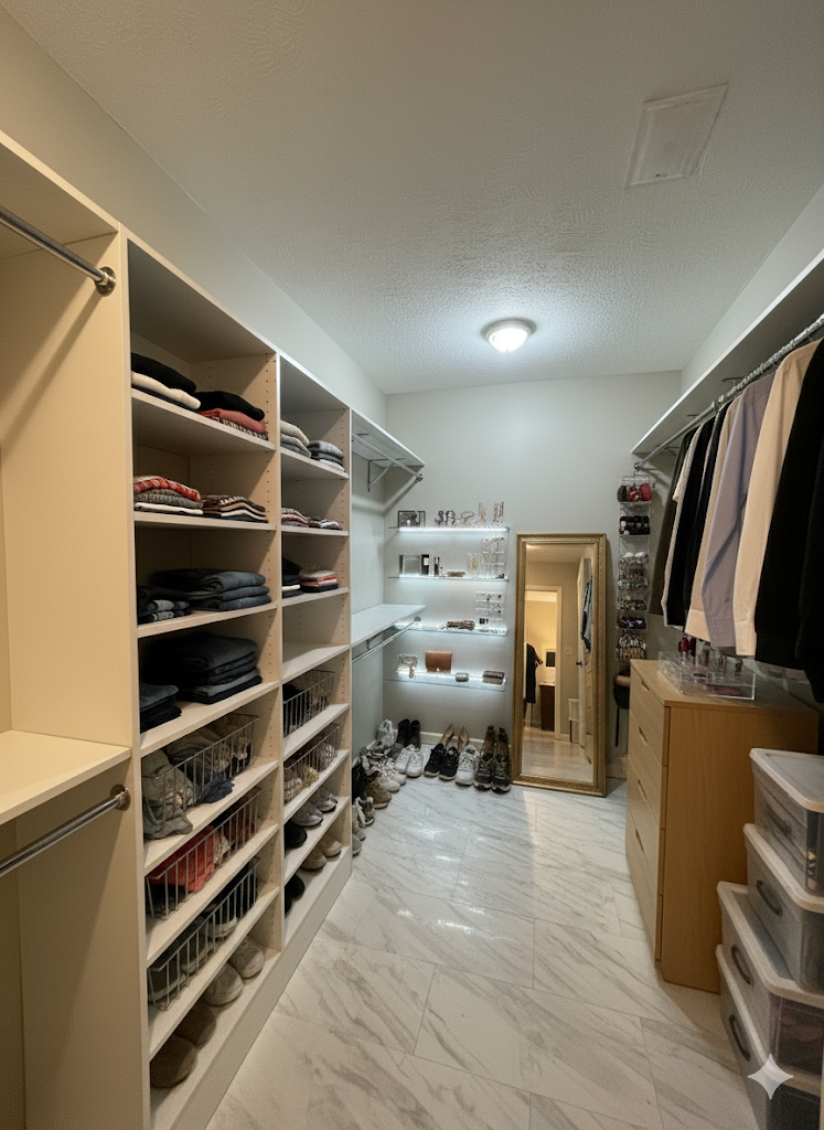 Walk-in closet with white shelves holding clothes and shoes, a tall mirror, and hanging clothes.