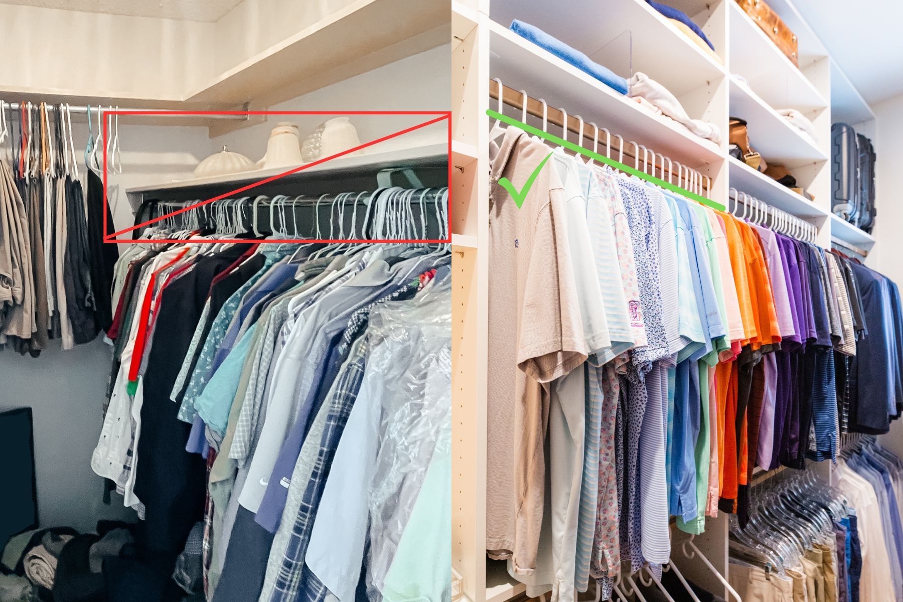A closet filled with clothes and a picture of a closet filled with clothes.