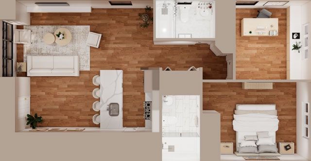 Top-down floor plan of a cozy apartment with bedroom, living area, dining table, and kitchen.