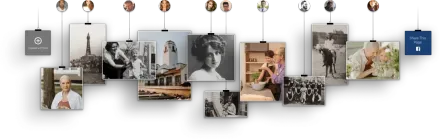Photo collage of hanging black-and-white and color pictures clipped to a string with small ornaments