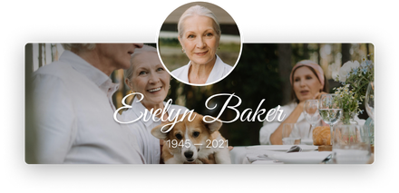 Memorial collage with portrait and wedding scene for Evelyn Baker, 1944–2022