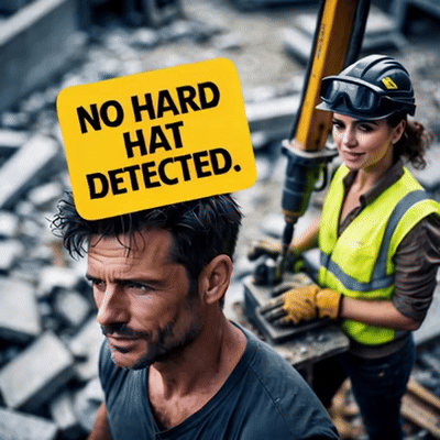 A man has a sign on his head that says no hard hat detected