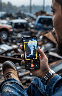 A man is holding a cell phone in front of a pile of scrap metal.