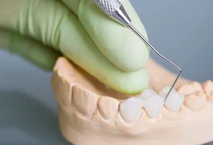 Dental tool adjusting a white tooth model under a gloved hand