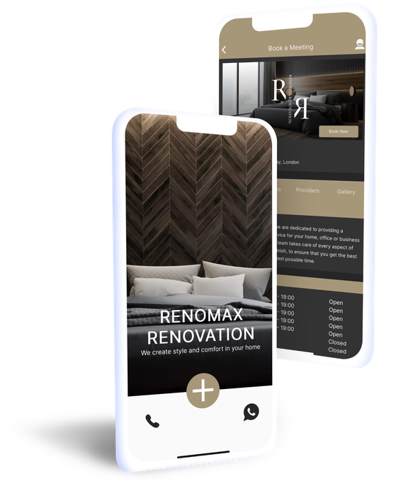 Two smartphone mockups showing a renovation app with wood wall and sofa on the screen