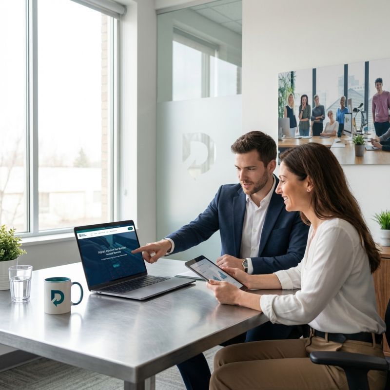 Two coworkers reviewing a laptop and tablet in a bright office with a city view