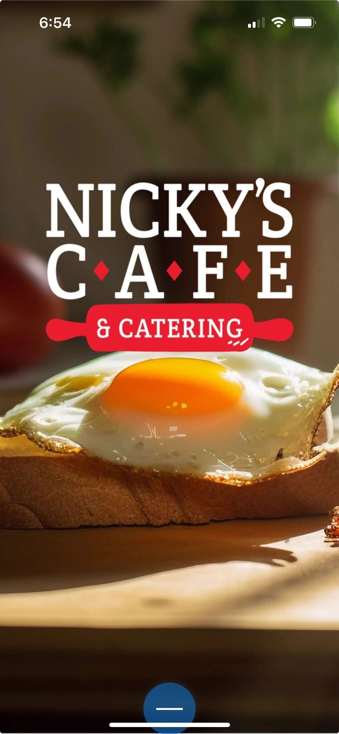 Nicky's Cafe logo over toast with a sunny-side-up egg.