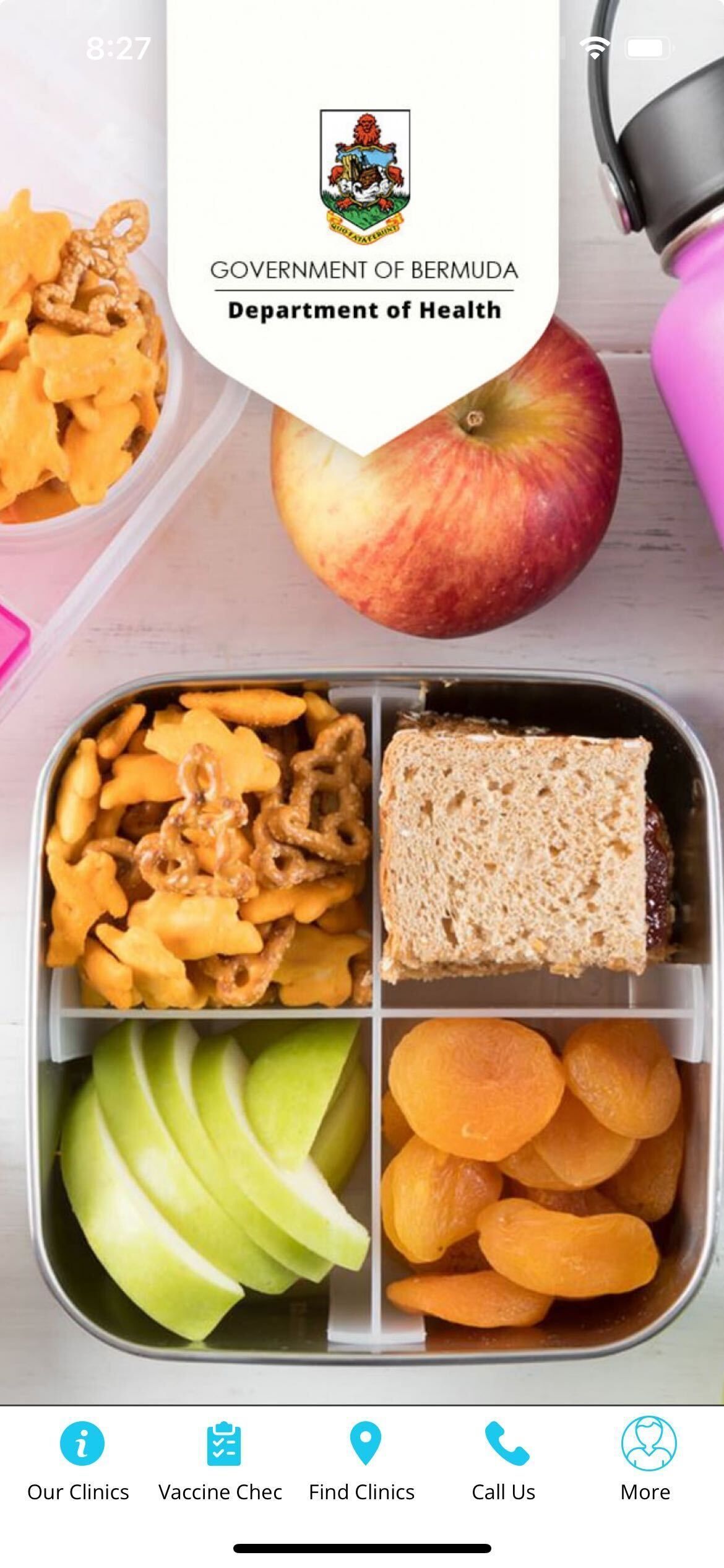 Lunchbox with food on white background. Apple, pretzels, sliced apples and dried apricots. Department of Health logo.
