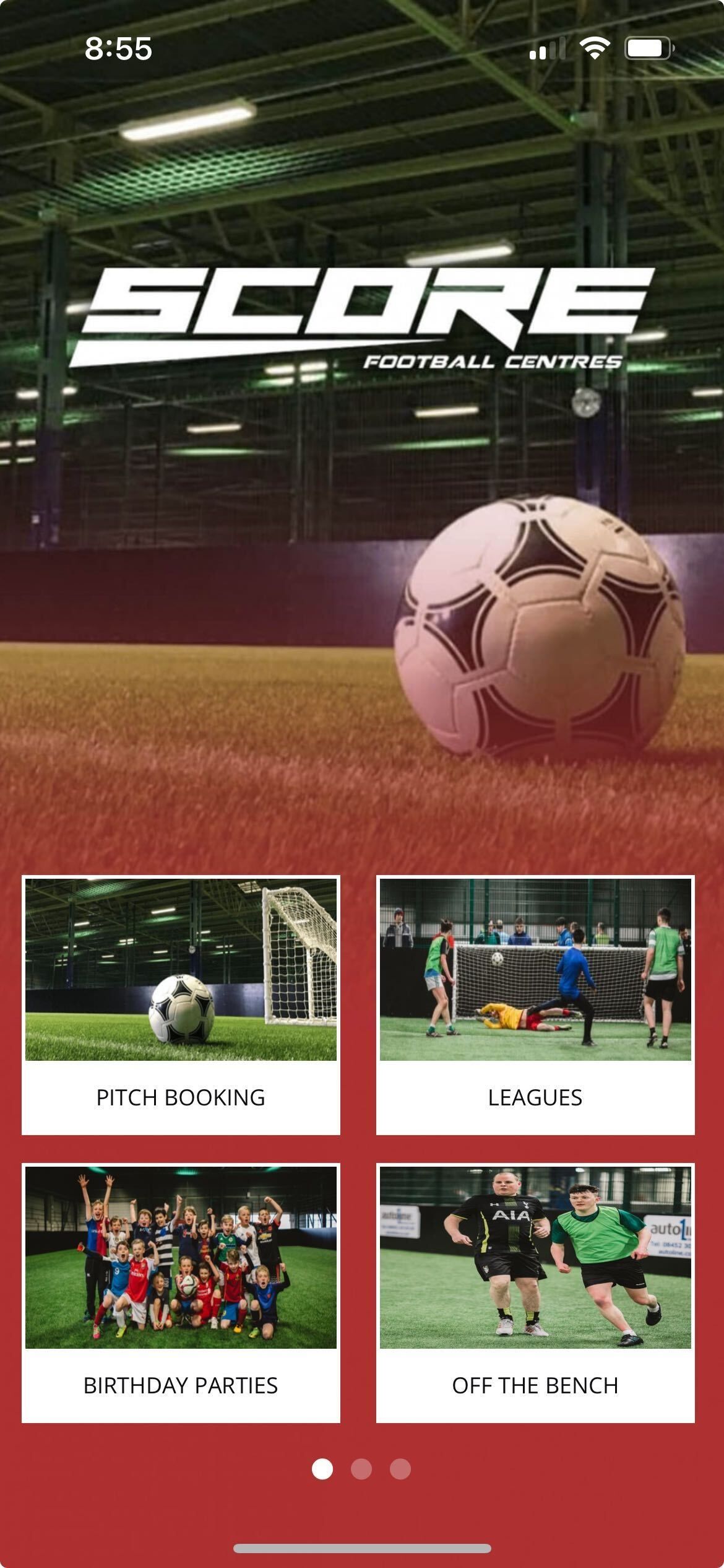 Soccer app showcasing various soccer activities. The main screen features a soccer ball and facility details.