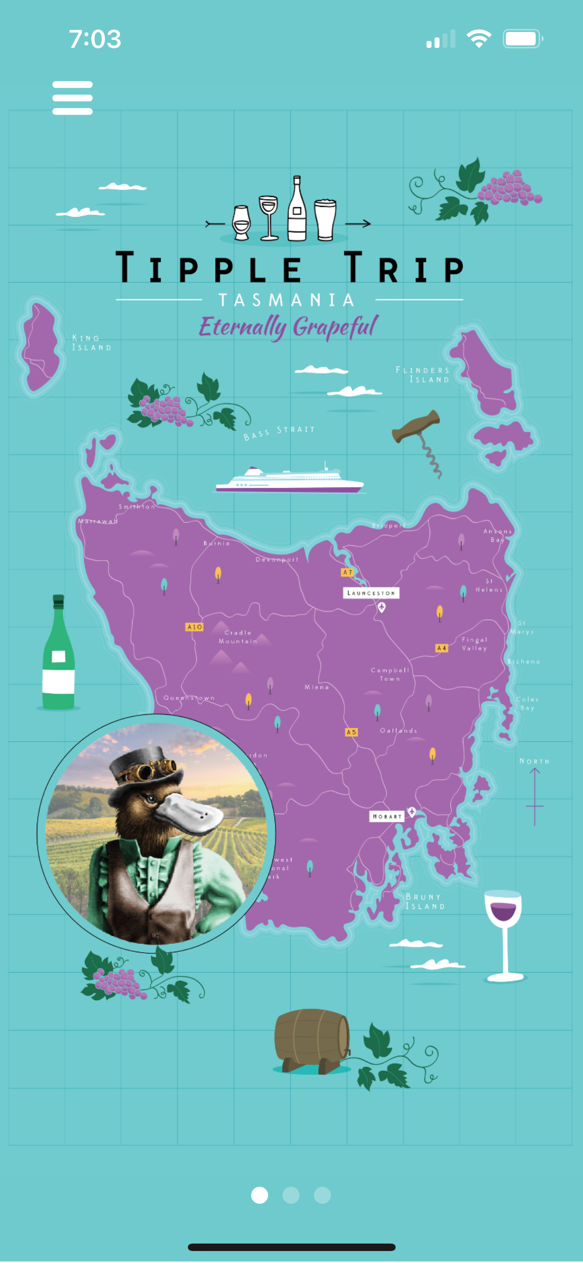 Map of Tasmania, purple landmass, turquoise water, with illustrations of wine bottles, grapes, and a wine glass.