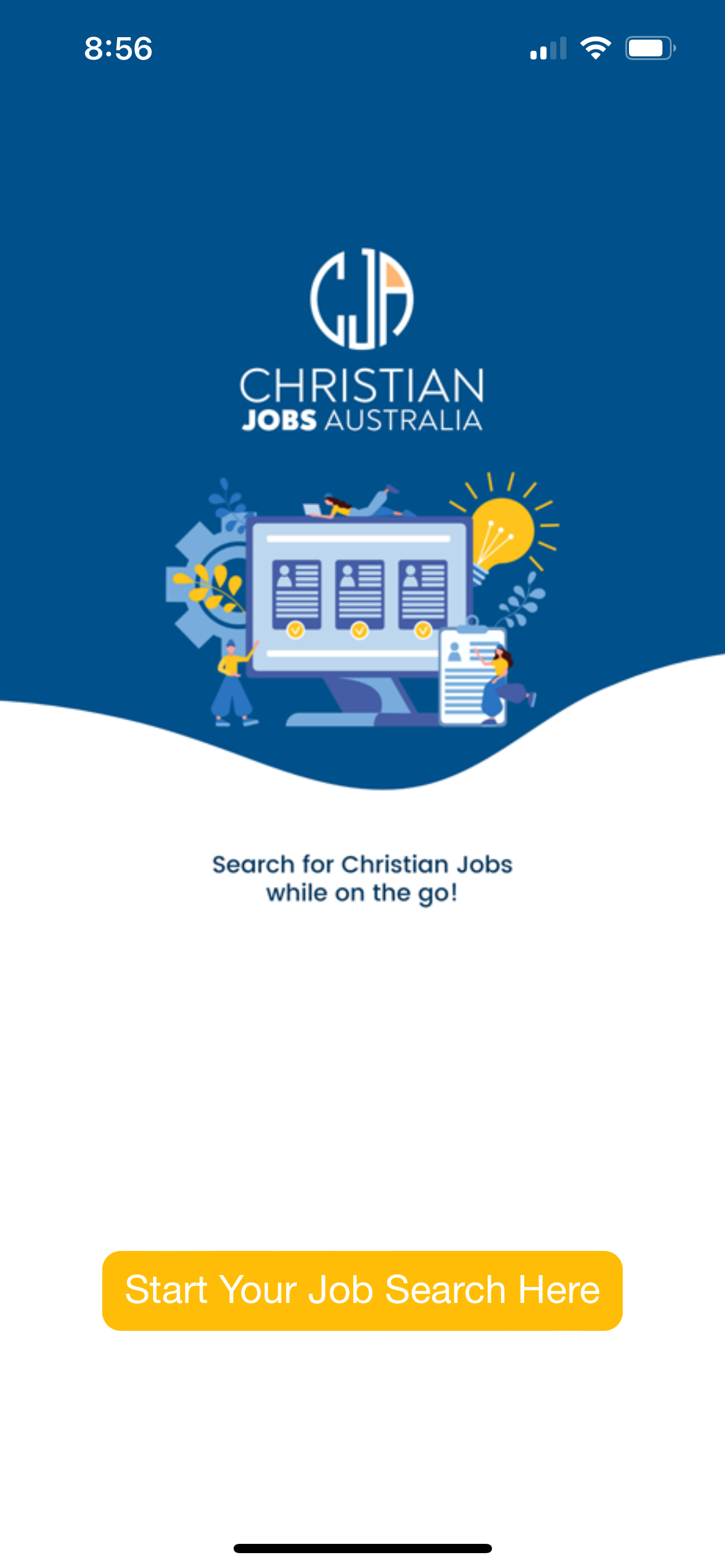 Christian Jobs Australia app. Logo above computer graphic. Yellow button 