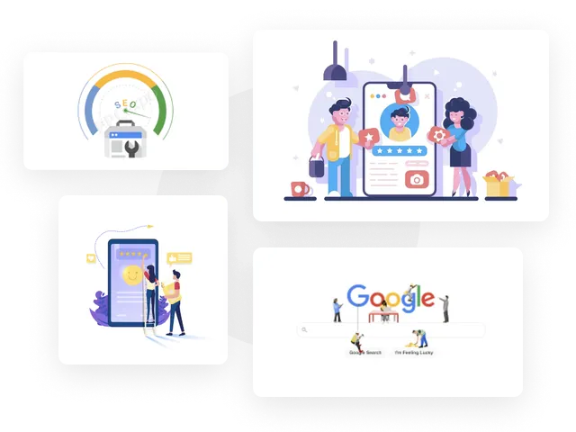 Four illustrations: progress bar, phone login, mobile payment, Google logo building.