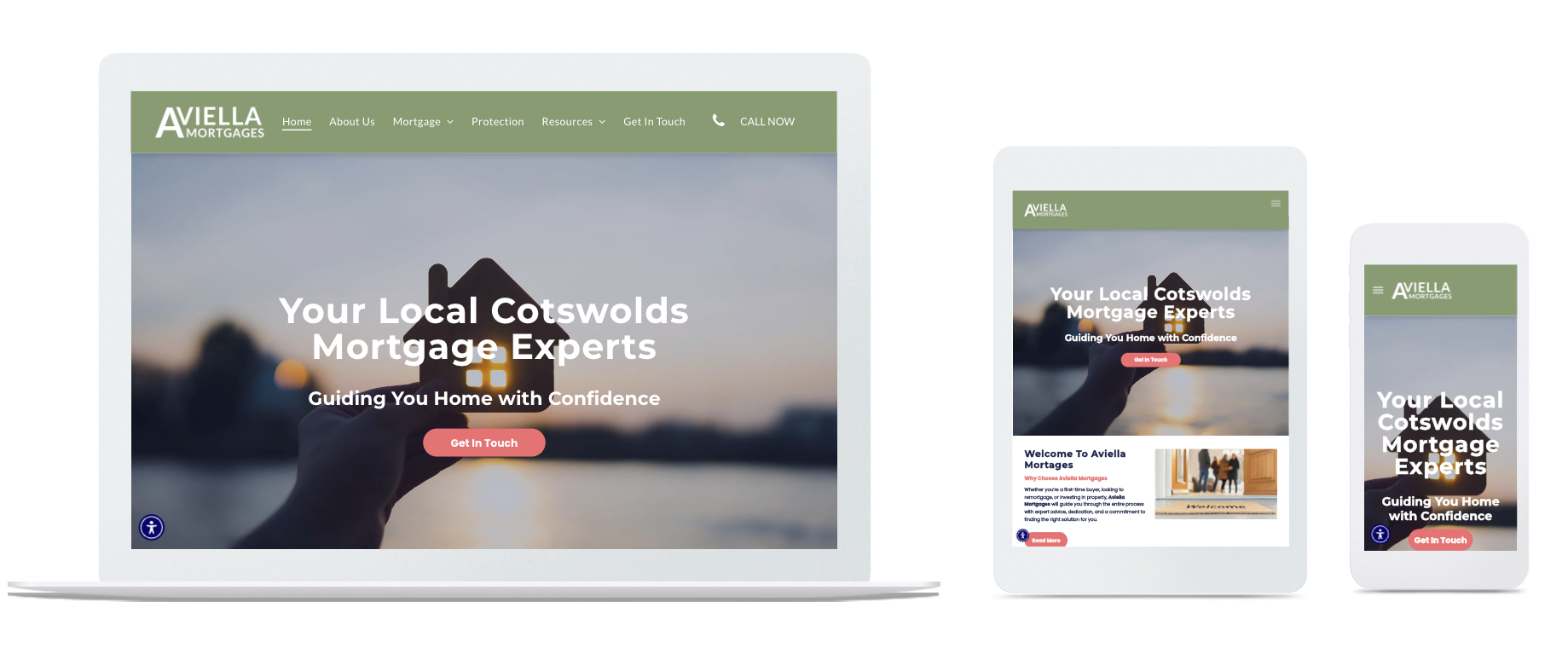Website homepage on laptop, tablet, and smartphone screens. Features text: