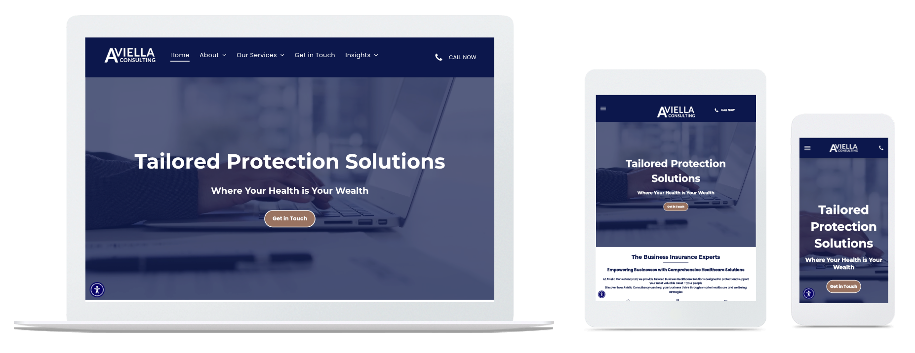 Website design displayed on a laptop, tablet, and smartphone screens. Text: