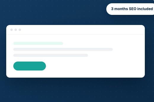 Website banner with a white card, teal button, and label reading “3 months SEO included”