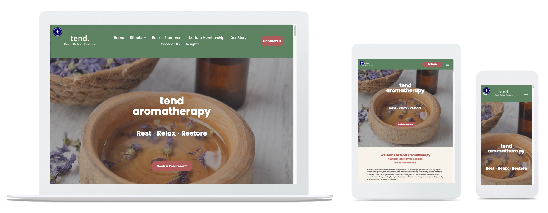 Website design displayed on a laptop, tablet, and smartphone screens. Text: