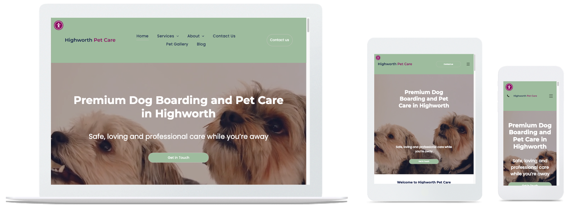 Website homepage on laptop, tablet, and smartphone screens. Features text: