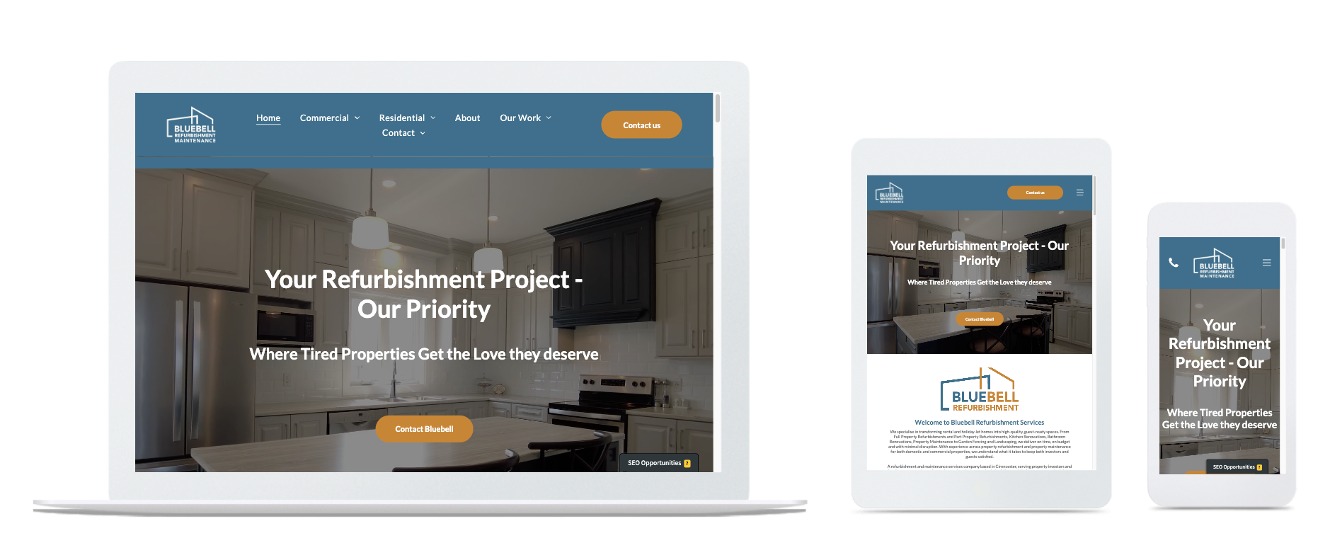Website homepage on laptop, tablet, and smartphone screens. Features text: