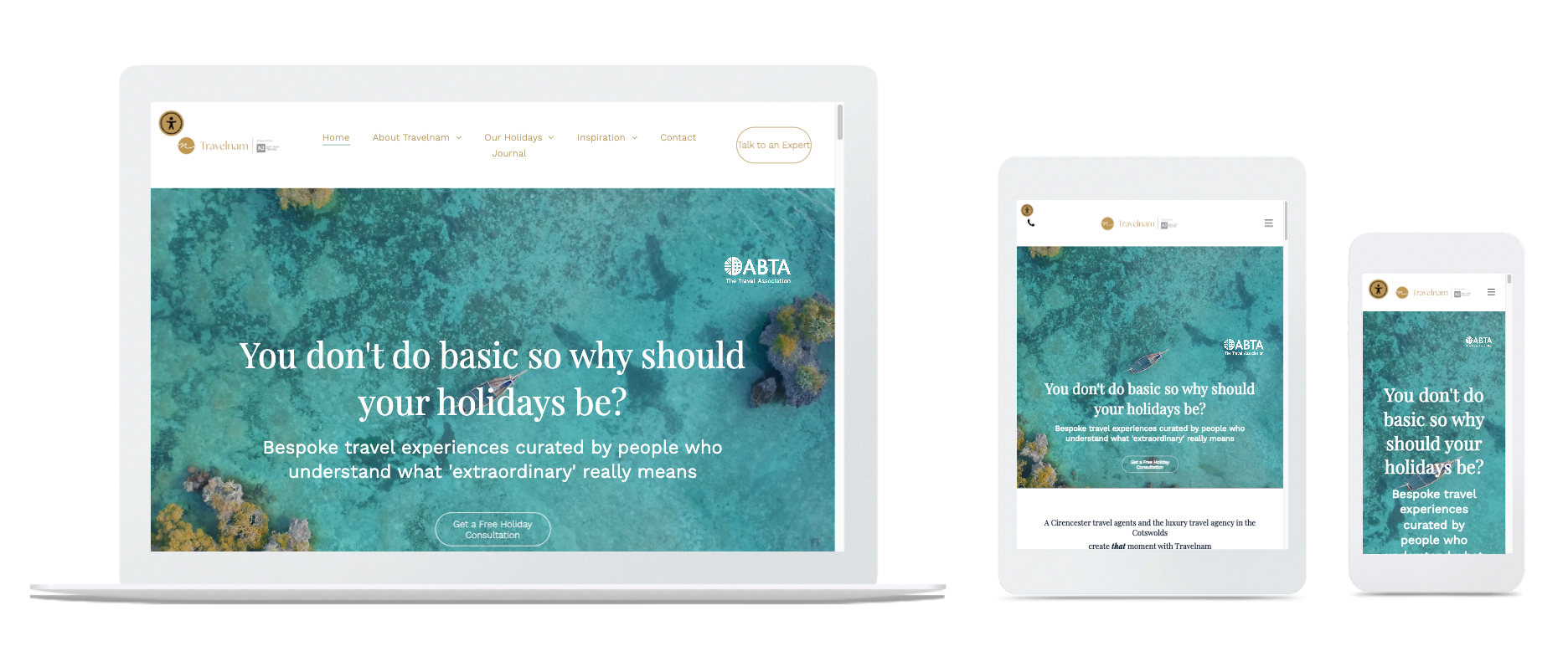 Website homepage on laptop, tablet, and smartphone screens. Features text: